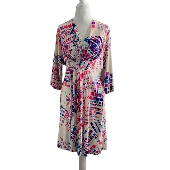Vintage Dresses & Skirts - Vintage Morgan McFeeters Pink Purple Cream Vneck Casual Summer Dress Size 6